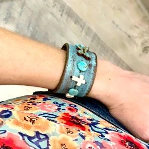 UP-CYCLED♻️ Azure Butterfly 🦋 Beaded Turquoise Handmade Leather Cuff Bracelet